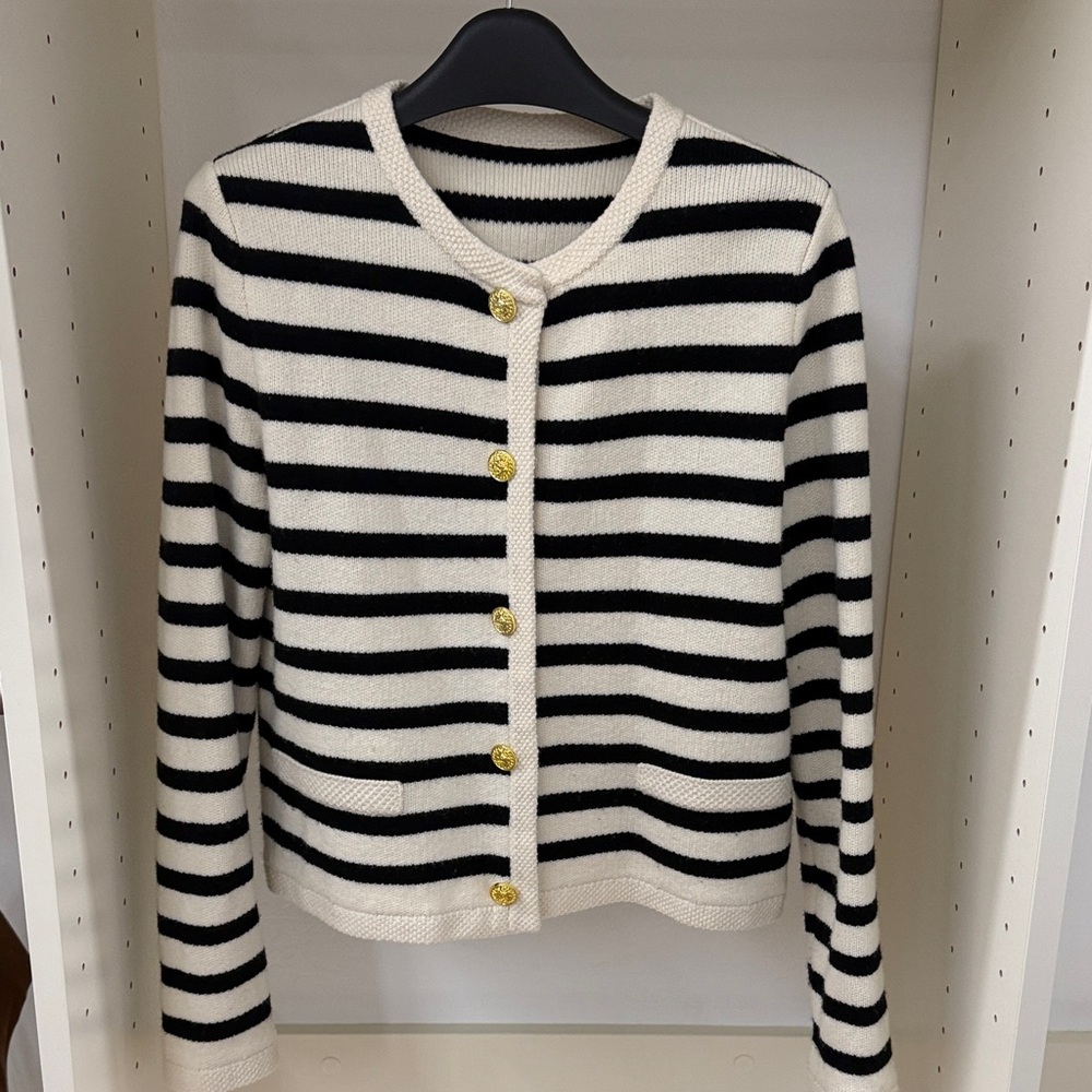Elegant Black and White Striped Cardigan with Gold Buttons